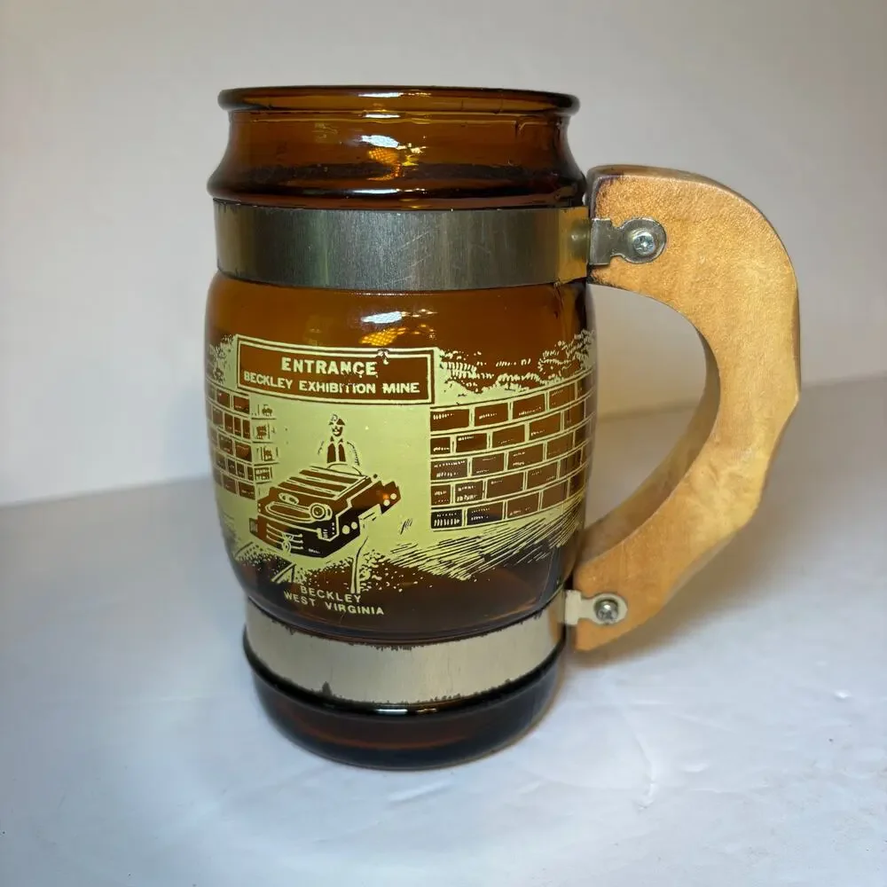 Vintage Beckley WV Exhibition Coal Mine Souvenir Brown Glass Barrel Mug Wood